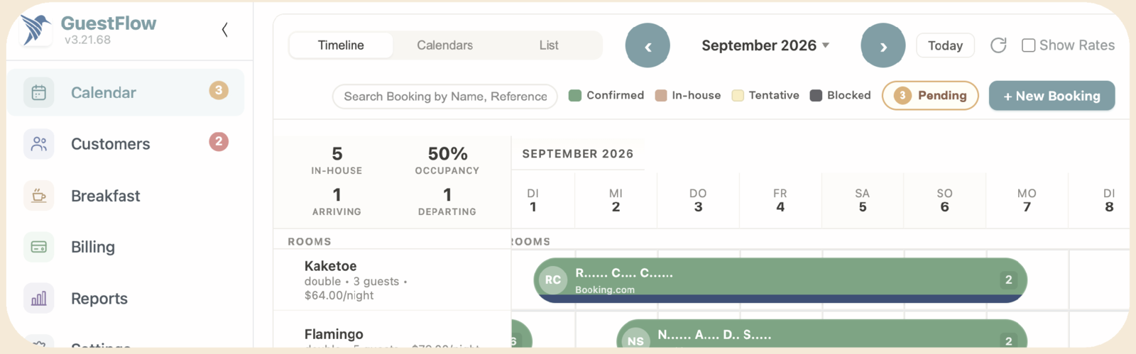 KoopsDesk calendar timeline showing rooms, bookings and occupancy for September 2026