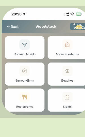 Guest companion app showing WiFi, accommodation, surroundings, beaches, restaurants and sights